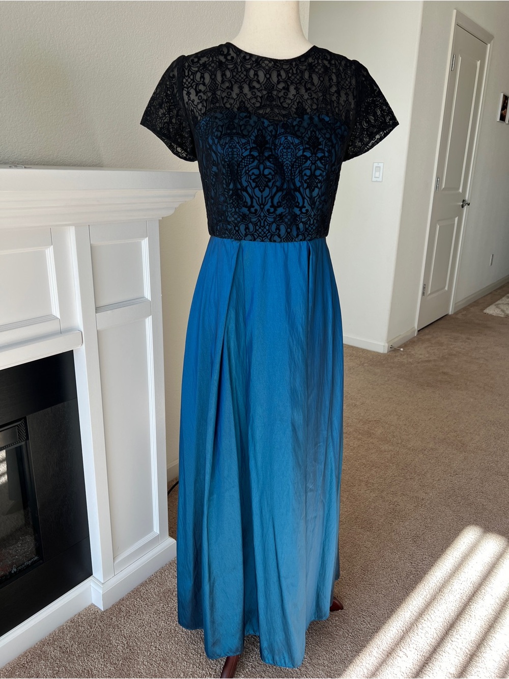 Blue and Black Lace Bodice Evening Dress